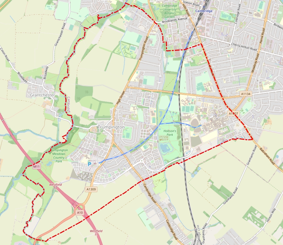 The extent of the original ecclesiastical parish of Trumpington, with the boundary marked in red superimposed on a 2022 map (Open Street Map). Howard Slatter, October 2022.