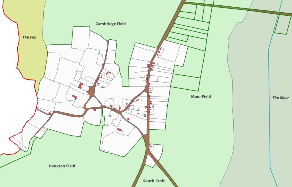 Interpretation of the 1804 Inclosure Map with property boundaries and buildings, Trumpington village. Howard Slatter, October 2022.