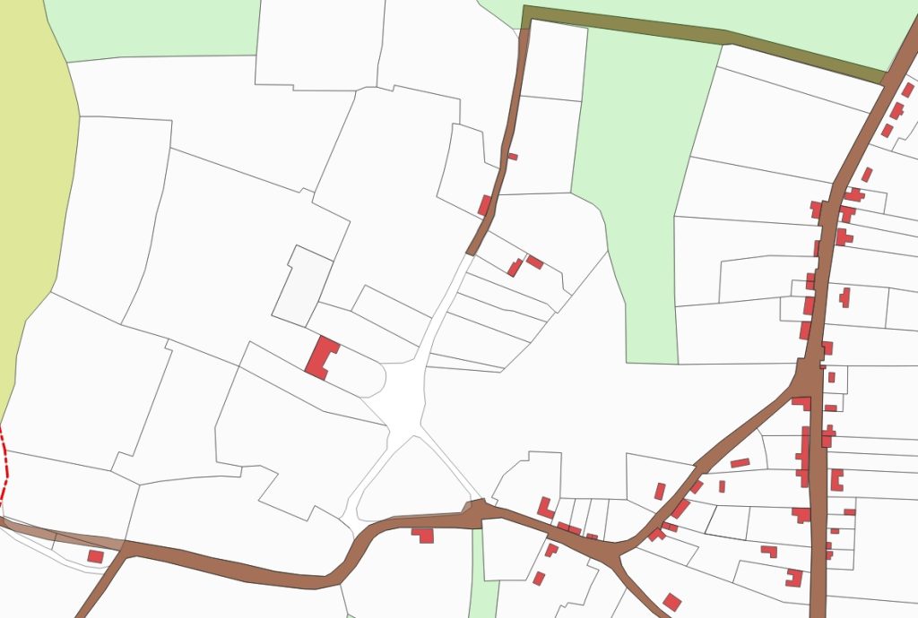 Interpretation of property boundaries and buildings in the Dagling End area of Trumpington on Baker’s Map of Cambridge, 1830. Howard Slatter, October 2022.