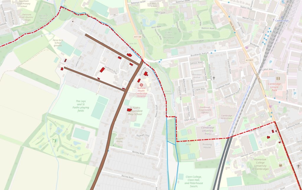 Map of the north part of Trumpington parish with the first few individual buildings, c. 1885, superimposed on Open Street Map. Howard Slatter, October 2022.