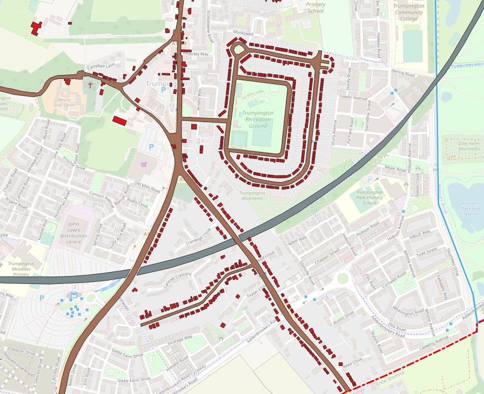 Map of the south part of Trumpington parish with individual buildings including the development of The Estate, 1951, superimposed on Open Street Map. Howard Slatter, October 2022.