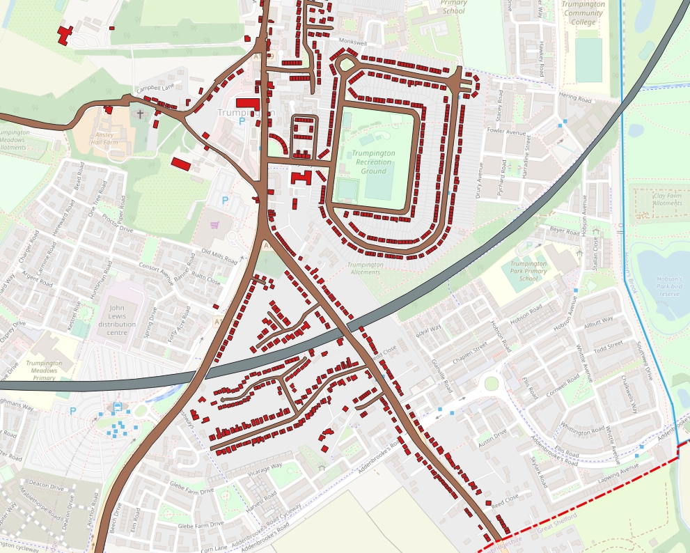Map of the south part of Trumpington parish with individual buildings and increased infill, 1971, superimposed on Open Street Map. Howard Slatter, October 2022.