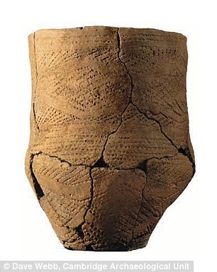 Fineware beaker excavated from the Trumpington Meadows double beaker burial. Dave Webb, Cambridge Archaeological Unit.