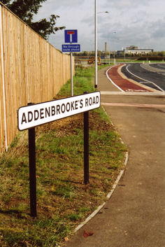 Street sign at the junction with Shelford Road, the day of the opening of Addenbrooke’s Road. Photo: Andrew Roberts, 27 October 2010.