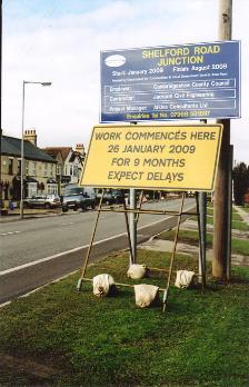 Roadwork sign for the final stage of Addenbrooke�s Road junction with Shelford Road. Photo: Andrew Roberts, 11 February 2009.
