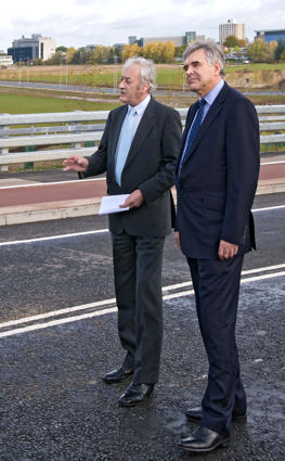 Councillor Roy Pegram (County Council) and Dr Gareth Goodier (Cambridge University Hospitals) at the opening of Addenbrooke's Road, 27 October 2010. Photo: Stephen Brown.