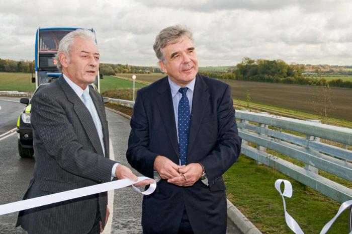Councillor Roy Pegram (County Council) and Dr Gareth Goodier (Cambridge University Hospitals) opening Addenbrooke's Road, 27 October 2010. Photo: Stephen Brown.