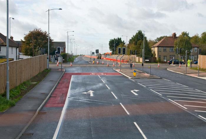 Looking across the Shelford Road junction towards Glebe Farm after the opening of Addenbrooke’s Road, 27 October 2010. Photo: Stephen Brown.