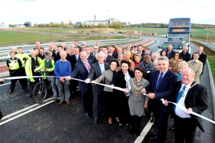 Participants at the opening of Addenbrooke’s Road, 27 October 2010. Photo: Cambridgeshire County Council.