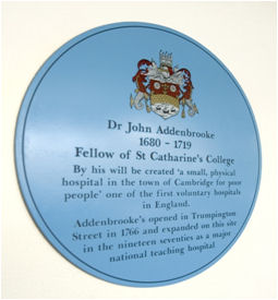 Blue plaque to Dr John Addenbrooke near the hospital entrance. Addenbrooke’s Hospital Archives.