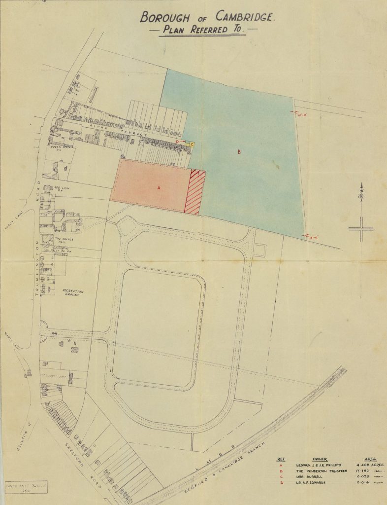 Land at the east end of Alpha Terrace purchased by the County Council in 1947 to build Fawcett Schools (blue shading) and allotments (pink shading).