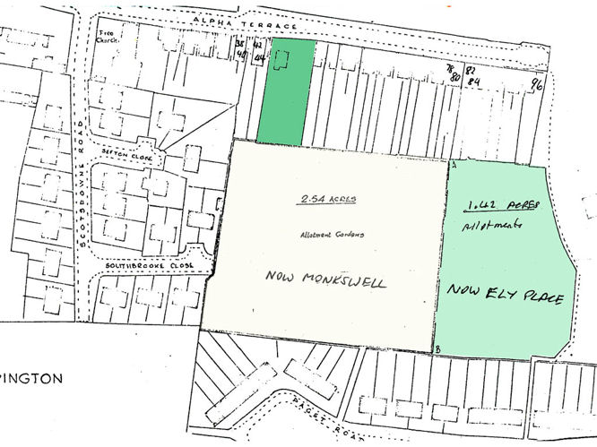 Plan of allotments showing area where Monkswell was built and smaller area taken for Ely and Salisbury Places. Source: Cambridge City Council.