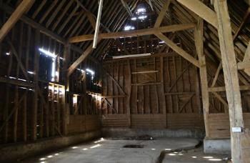 The interior of the main barn, Anstey Hall Farm, 10 May 2015.