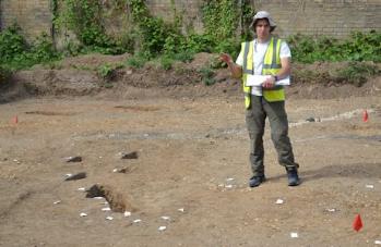 Stuart Ladd talking about the Middle to Late Saxon excavated features, Anstey Hall Farm. Photo: Andrew Roberts, 10 May 2015.
