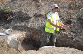Stuart Ladd describing the Medieval clay working surface, Anstey Hall Farm, 10 May 2015.
