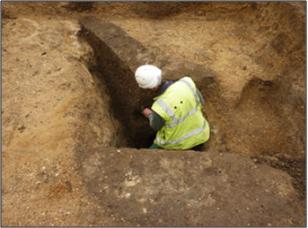 Evidence of 12th century pit, Anstey Hall Farm excavation. Oxford Archaeology East.