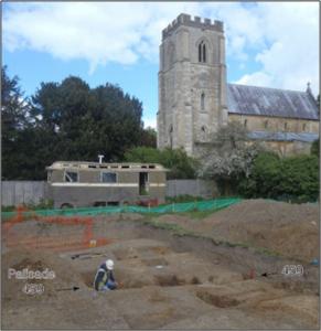 Middle Saxon enclosures and palisade being excavated, Anstey Hall Farm excavation. Oxford Archaeology East.