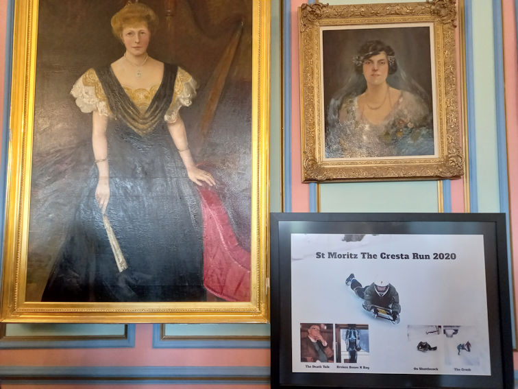 Portraits in the upstairs ballroom and John de Bruyne’s memento of the Cresta Run. Photo: Andrew Roberts, 22 May 2025.