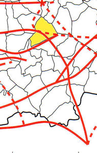 Extract from Tim Malim (2000) 'Prehistoric Trackways', in An Atlas of Cambridgeshire and Huntingdonshire History, page 11. Trumpington parish has been highlighted in yellow.