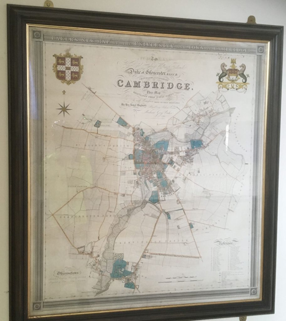 Richard Baker’s Map of the University and Town of Cambridge, 1830, on the wall of Trumpington Village Hall. Howard Slatter, 2022.