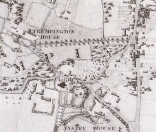 Trumpington village in 1830. Detail from Baker's Map of the University and Town of Cambridge, 1830. Reproduced by permission of Cambridgeshire Records Society.