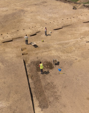 High-level view of the Bell School archaeological site, Oxford Archaeology East, 24 July 2014.