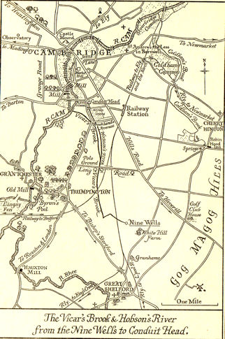 Map of the Vicar's Brook, Hobson's Brook and Hobson's Conduit, extracted from Bushell, W.D. (1938). Hobson's Conduit. The New River at Cambridge Commonly Called Hobson's River, facing page 5.