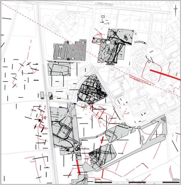Plan of the Cambridge Biomedical Campus, showing evidence from crop marks (red), trial trenches and geophysics (black lines and grey scale), with the possible route of a Roman road (red dotted line); with AstraZeneca South (lower centre), AstraZeneca North (centre), Laboratory of Molecular Biology (upper centre), Cancer Research Centre (upper right). Cambridge Archaeological Unit.