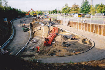 Constructing the exit from the busway to the Trumpington Park & Ride site, under Hauxton Road bridge, September 2010.