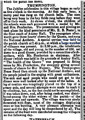 Report on Queen Victoria's Jubilee events in Trumpington, Cambridge Chronicle, 24 June 1887.