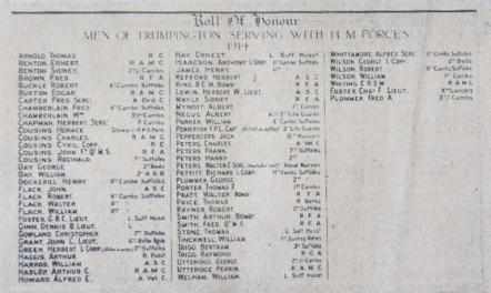 The first Roll of Honour of the 'Men of Trumpington Serving with HM Forces, 1914'. Published in Cambridge Chronicle, 3 September 1915.