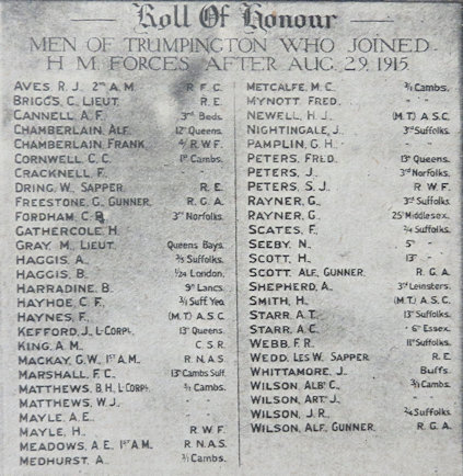 The second Roll of Honour of the 'Men of Trumpington Who Joined HM Forces After Aug. 29 1915'. Published in Cambridge Chronicle, 6 September 1916.