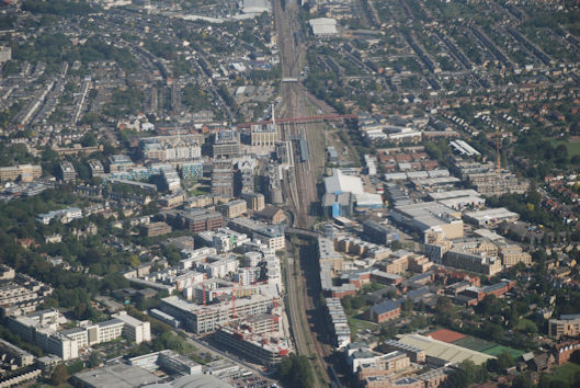 Aerial photograph of Cambridge Station and surroundings. Edmund Brookes, 2015.
