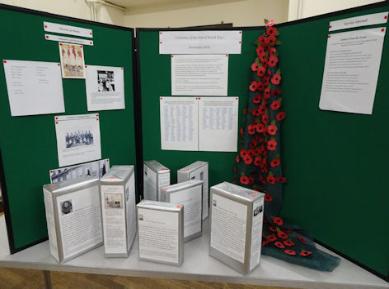 Display commemorating the Centenary of the end of World War 1, Trumpington Village Hall, at the Trumpington Local History Group meeting, 15 November 2018. Photo: Andrew Roberts, 15 November 2018.