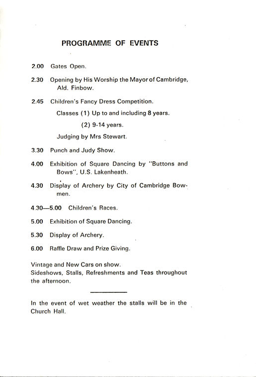 Programme of events, Trumpington Charter Fair, July 1968