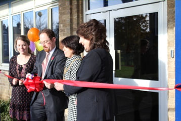 Clare Wilkinson (Manager of the Centre), Julian Huppert MP, Councillor Sheila Stuart (Mayor of Cambridge, 2010-11) and Councillor Linda Oliver (Chair of Cambridgeshire County Council) at the opening of Fawcett Children’s Centre, 13 November 2010. Source: Clare Wilkinson.