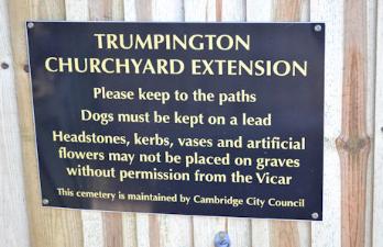 The entrance to Trumpington Churchyard Extension, Shelford Road, with new sign. Photo: Andrew Roberts, 10 November 2013.