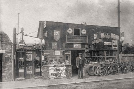 The cycle shop and petrol station run by Harry Newell, 1925 (reproduced in Trumpington Past & Present, p. 45). Cambridgeshire Collection (Stephen Brown).