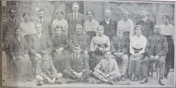 'Happy Family Party at Trumpington'. Group photograph of the Golden Wedding celebration of Mr and Mrs Henry Peters of Church Lane, Trumpington, Cambridge Chronicle, 13 June 1923, p. 9. Including three sons in the back row, Charles Peters, third from the left, Harry Peters, seventh from the left, and Frederick Peters, ninth from the left. (Howard Slatter)