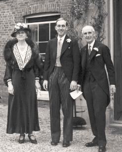Mrs Viola Pemberton and Dr William Pemberton, with Francis Pemberton, on the wedding day of Francis Pemberton, 1941 (reproduced in Trumpington Past & Present, p. 136). (Antony Pemberton, Stephen Brown).