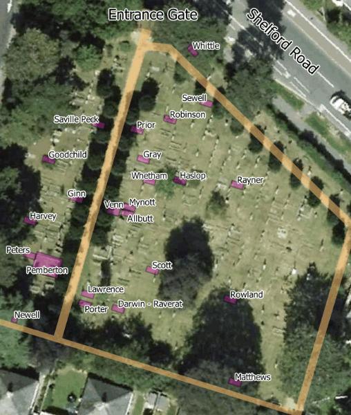 Plan of the Trumpington Churchyard Extension showing the location of graves referred to below. Howard Slatter and Wendy Roberts, with a base photograph from Google Earth, September 2016.