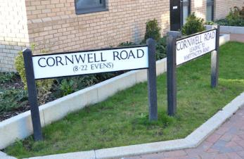 Street signs at the junction of Cornwell Road near the play area. Photo: Andrew Roberts, 20 November 2015.
