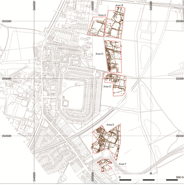 Clay Farm and the 6 areas investigated during the archaeological work. Oxford Archaeology East.