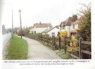 The north east side of Shelford Road seen from the railway bridge, showing the pavement before it was developed as the cycle path and the original bungalow at number 57, later replaced by a house. Source: Anthony Cooper (Cooper, 2000).
