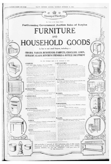 Figure 17: Announcement of government auction sales of surplus furniture and household goods including items from the Coprolite Workings, Trumpington published in the Daily Express, 28 October 1919. The British Newspaper Archive.
