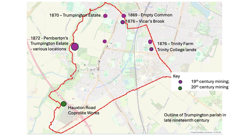 Figure 5. Known areas of coprolite excavation in the parish of Trumpington (based on pre-1912 parish boundary).