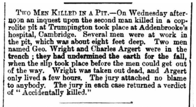 Figure 6: Accident at coprolite pit in Trumpington reported in The Bury Free Press, 8 July, 1876. The British Newspaper Archive.