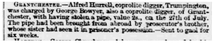 Figure 7: Theft of 2s. pipe reported in The Cambridge Independent Press, 16 November, 1867. The British Newspaper Archive.