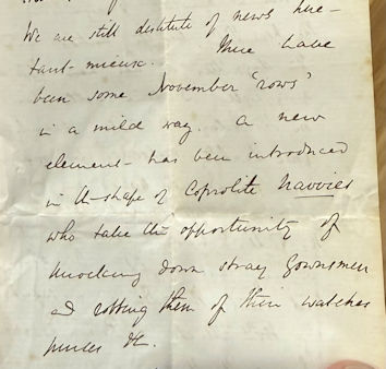 Figure 8: Extract from letter sent to Antony Pemberton’s grandfather complaining about petty thefts by coprolite diggers. Photo: Courtesy of Antony Pemberton.