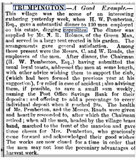 Figure 9: Dinner given to coprolite workers on the Trumpington Estate reported in Cambridge Chronicle, 27 July 1872. The British Newspaper Archive.